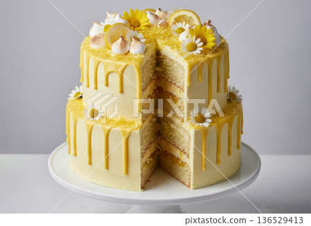 A professional studio shot of a two-tier lemon drip cake with a slice removed to reveal moist sponge layers and yellow curd filling. A professional studio shot of a two-tier lemon drip cake with a slice removed to reveal moist sponge layers and yellow curd filling. 136529413