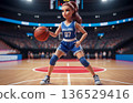 A stylized fashion doll depicted as a professional basketball player in a dynamic action pose, dribbling a ball on a realistic indoor arena court 136529416