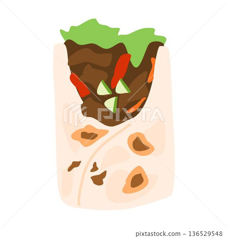 Shawarma, Burrito, Grilled Tortilla with Meat and Vegetables 136529548