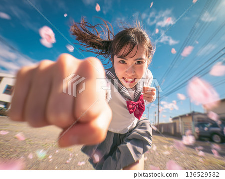A dynamic youthful image of a female student thrusting her fist against a spring sky with cherry blossoms fluttering in the air. 136529582