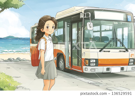 高中生通勤上學。女學生在海邊公車站等車。這是早晨上班或上學通勤的場景。 136529591