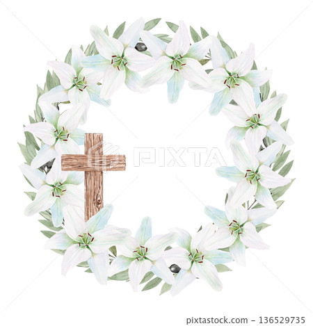 Watercolor wreath of white Easter lilies with wooden cross, hand painted Christian illustration isolated on black background, symbol of faith, resurrection and purity for church design, holiday cards 136529735