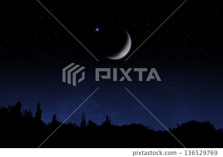 Moon and star in the night sky. Ramadan, islam religion. Hilal. 136529769