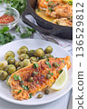 Delicious pan seared fish with capers, brussels sprouts, and lemon, vertical 136529812
