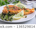 Haddock fish piccata, battered fish fillet with capers and lemon, served with asparagus, horizontal 136529814