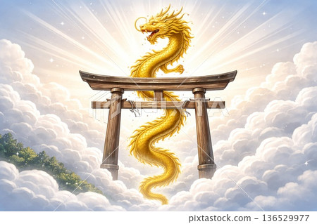 金龍與鳥居的景色 金龍與鳥居大門 136529977