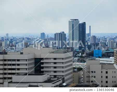 Panoramic view of Nagoya cityscape in winter from a high vantage point Panoramic view of Nagoya cityscape in winter from a high vantage point 136530046