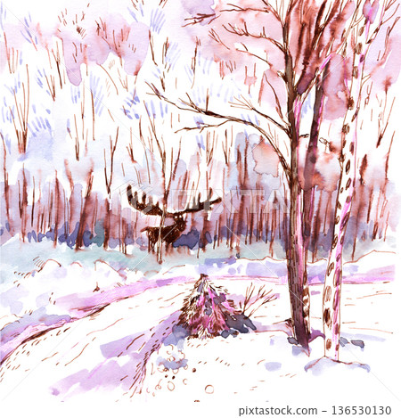 Watercolor Moose in Snowy Forest Watercolor Moose in Snowy Forest 136530130