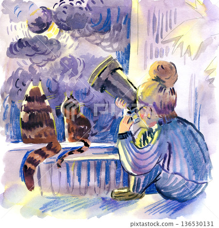 Illustration of Girl Observing Stars with Telescope 136530131