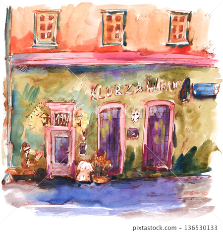 Watercolor Illustration of a Cafe Facade 136530133