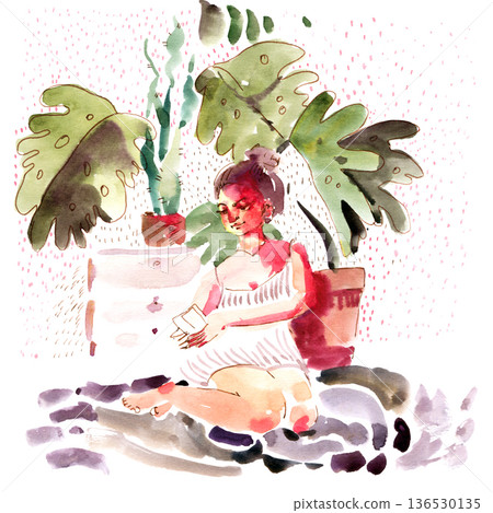 Woman Reading Among Houseplants 136530135
