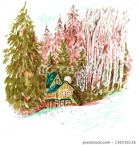 Watercolor Illustration of  Cabin in Snowy Woods 136530138