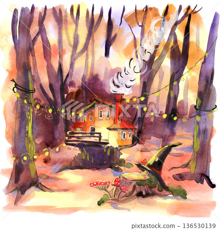 Whimsical Forest Cottage with Fairy Lights Whimsical Forest Cottage with Fairy Lights 136530139