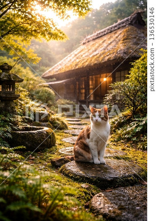 傳統的日式茅草屋，花園裡一隻三色貓在晨露中漫步。 136530146