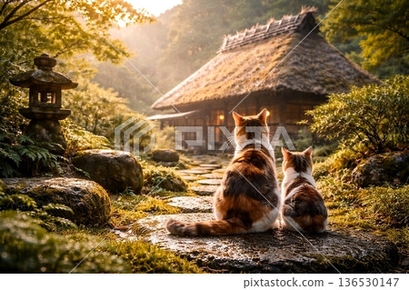 傳統的日式茅草屋，花園裡一隻三色貓在晨露中漫步。 136530147