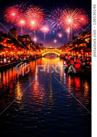 燈籠點亮的城市天際線上，中國新年煙火綻放 136530148