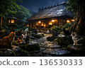 A group of cats in the moonlit garden of an old house covered in night dew 136530333
