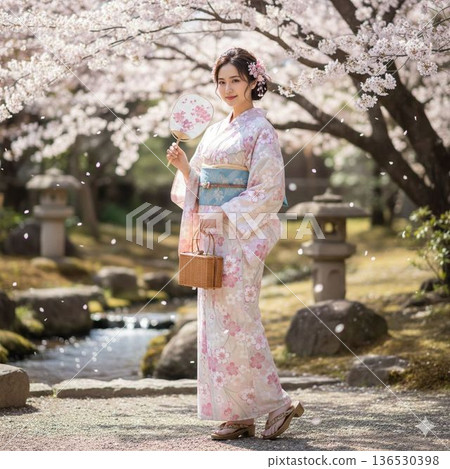 一位身著和服的女子在盛開的櫻花樹下微笑 | 賞櫻與傳統文化 136530398