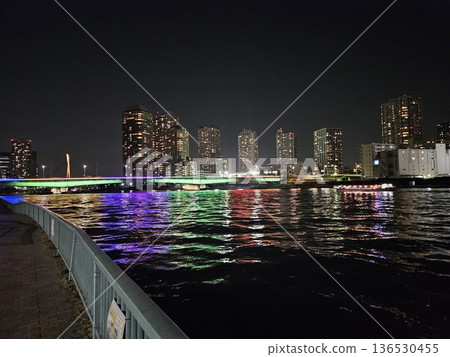 Winter night view of the Sumida River and Tsukuda Bridge 2 Winter night view of the Sumida River and Tsukuda Bridge 2 136530455