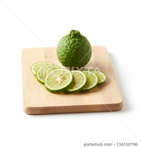 Kaffir Lime Vegetable Slices on Wooden Board 136530796