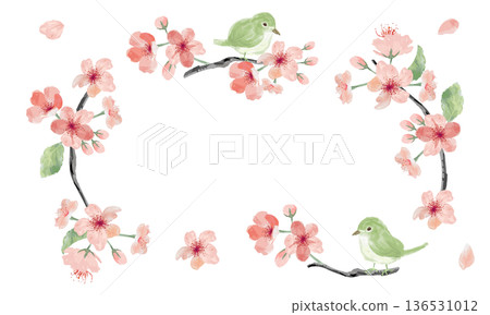 櫻花和林鶯的水彩邊框 櫻花和林鶯的水彩邊框 136531012