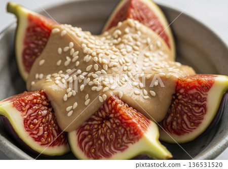 濃鬱的芝麻奶油淋在成熟的無花果上 136531520