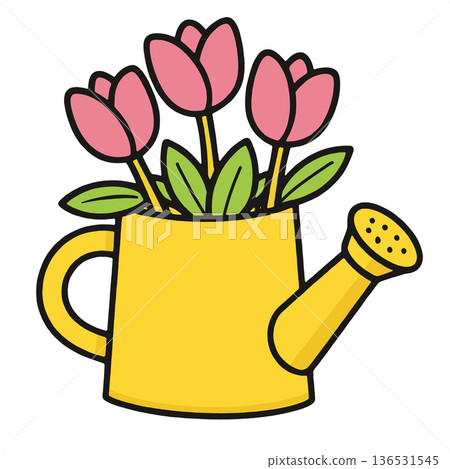 Yellow watering can with pink tulip flower and green leaf, simple spring floral illustration 136531545