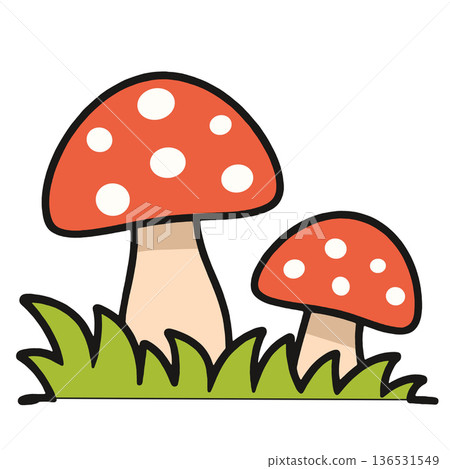 Red mushroom white spot cartoon grass nature cute illustration isolated 136531549