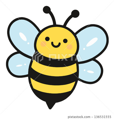 Cute bee cartoon with yellow and black stripes, blue wings, and smiling face on white background Cute bee cartoon with yellow and black stripes, blue wings, and smiling face on white background 136531555