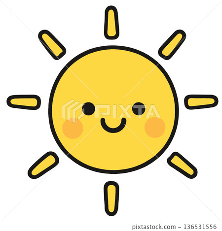 Cute sun cartoon yellow happy smiling cheerful illustration simple child drawing 136531556