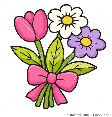 Pink tulip, white daisy, purple flower, green leaf, pink bow, cartoon bouquet Pink tulip, white daisy, purple flower, green leaf, pink bow, cartoon bouquet 136531557