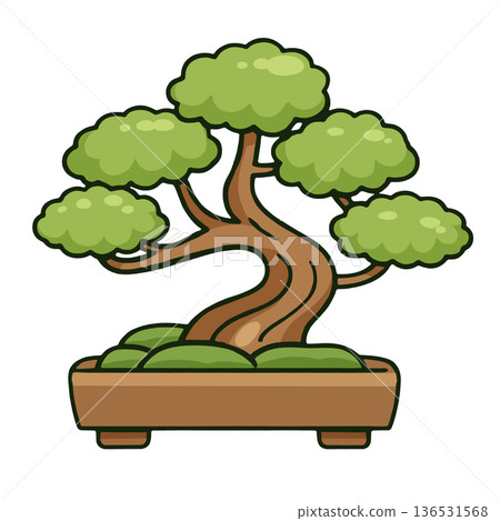 Bonsai tree, green leaf, brown trunk, potted plant, cartoon style, isolated, nature art Bonsai tree, green leaf, brown trunk, potted plant, cartoon style, isolated, nature art 136531568