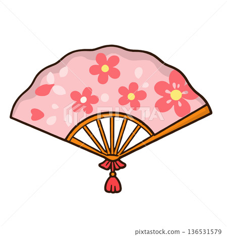 Pink floral hand fan, decorative, traditional, elegant, spring, isolated on white background 136531579