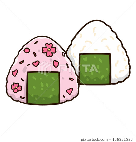 Cute pink and white onigiri with seaweed, decorated with cherry blossom and heart, Japanese snack 136531583