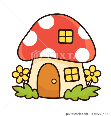 Mushroom house, cartoon, red roof, white spot, yellow flower, green grass, cute fantasy 136531586