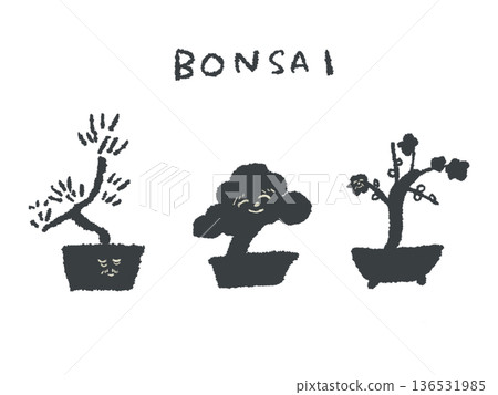 Expressive hand-drawn illustrations of bonsai trees that can be used as icons or symbol marks in designs 136531985