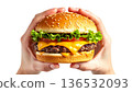 一張手捧融化起司漢堡的插圖 136532093