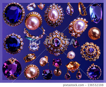 一系列奢華的藍寶石和珍珠首飾,襯托著優雅的紫色背景。 一系列奢華的藍寶石和珍珠首飾,襯托著優雅的紫色背景。 136532108