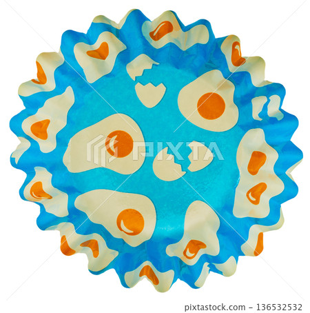 Turquoise paper side dish cup with a fried egg pattern cut out on a white background 136532532
