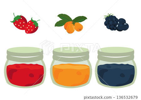 Illustration of three types of jam in glass jars 136532679