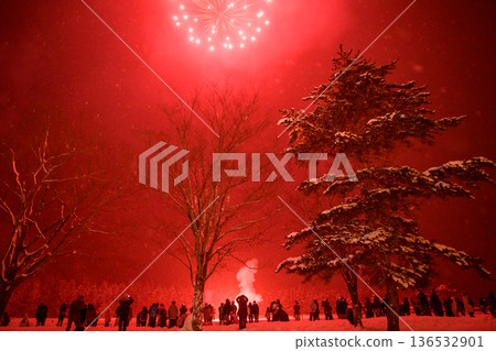 Fantastic winter fireworks on a snowy night at the Ota Fire Festival in Daisen City, Akita Prefecture 136532901