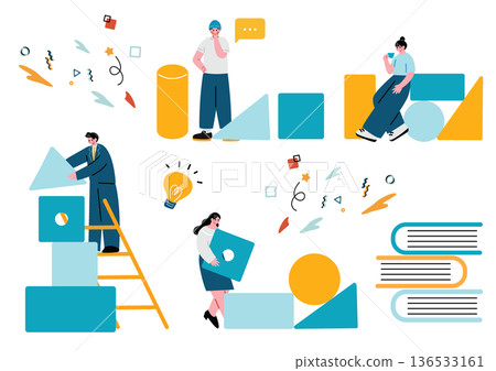 Illustration set of men and women assembling building blocks Illustration set of men and women assembling building blocks 136533161