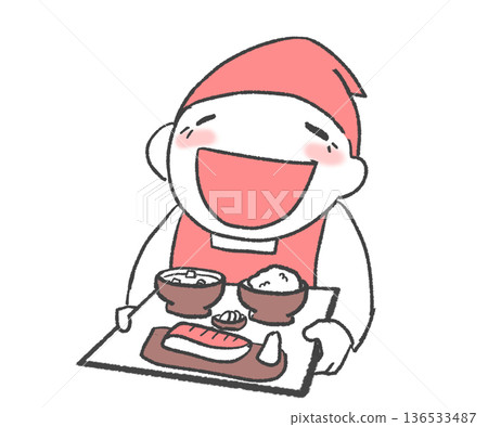 圖解：一位面帶微笑的服務生端著套餐 136533487