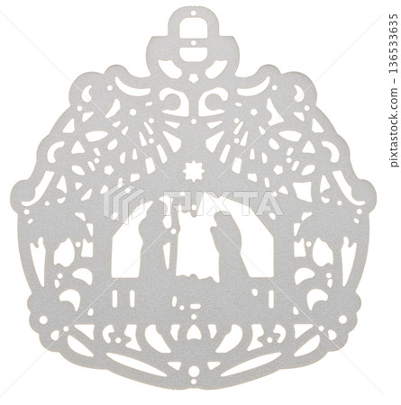 An elaborate silver nativity scene (the birth of Jesus Christ) silhouette cut out on a white background An elaborate silver nativity scene (the birth of Jesus Christ) silhouette cut out on a white background 136533635