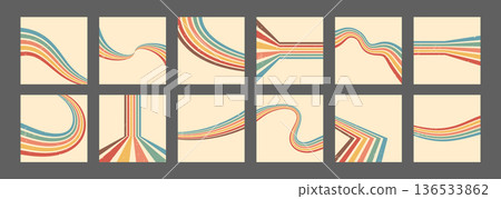 Stripe rainbow groovy. Set of Beige and playful backdrops with geometric arches. Retro wallpaper and modern graphic design. Vintage vector illustration Stripe rainbow groovy. Set of Beige and playful backdrops with geometric arches. Retro wallpaper and modern graphic design. Vintage vector illustration 136533862