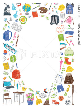 日本小學文具和學習用品插圖圓形邊框套裝(直版) 日本小學文具和學習用品插圖圓形邊框套裝(直版) 136533999