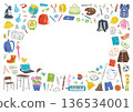 Japanese elementary school stationery and school supplies illustration round frame set horizontal 136534001