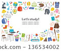 Japanese elementary school stationery and school supplies illustration round frame set horizontal 136534002