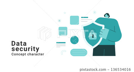 Data security concept with man holding shield and lock for protection. Flat character design vector illustration for cyber security, privacy, safety and data protection concepts. Data security concept with man holding shield and lock for protection. Flat character design vector illustration for cyber security, privacy, safety and data protection concepts. 136534016
