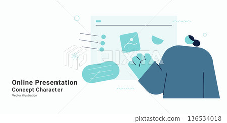 Online presentation concept with woman presenting screen content. Flat character design vector illustration for webinar, virtual meeting, remote work and online training concepts. 136534018